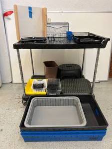 lot 27 image: Lot of Various Office Organization Storage Items (File Wire Rack, Bins, etc.) Those Uline Corrugated Plastic Long Totes Have My Name Written All Over Them  Well not really Cart not included