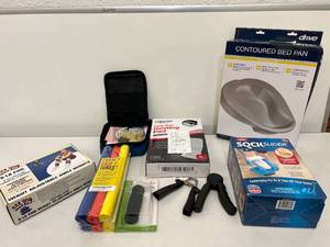 lot 55 image: Lot of Various Exercise Workout and Patient Assist Items (Bed Pan, Sock PlacerRemover, Ankle Weights, etc.)