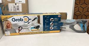 lot 59 image: NEW Grab It Reacher Grabber Tool with LED Light, Locking Ratchet, and 90-Degree Swivel