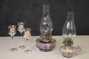 lot 380 image: Vintage Kerosene Finger Depression Amethyst Glass Oil Lamps, 3-Piece Hand-Painted Tiered Votives Cordial Stemware