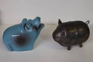 lot 400A image: Collectible Blue Cast Iron Locking First Farmers National Bank Pig, Silver Plated Hong Kong Pig Piggy Banks