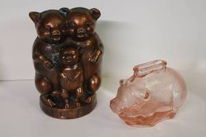 lot 400C image: Collectible Cast Metal Brass Copper Three Little Pigs Bank Pig, Pink Depression Glass Pig Piggy Banks