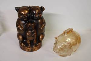 lot 400D image: Collectible Cast Metal Brass Copper Three Little Pigs Bank Pig, Carnival Glass Pig Piggy Banks