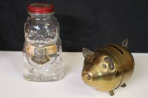lot 400E image: Collectible Metal Brass Jewel-EyedNostril Pig Bank, Hazel Atlas Brother Can You Spare a Dime Glass Little Pig Piggy Banks