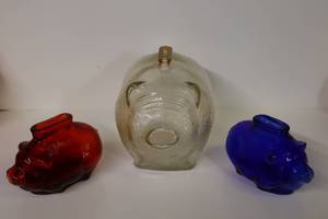 lot 425C image: Collectible Glass Carnival Depression Gold Cobalt Blue Red Textured Glass Pig Piggy Banks