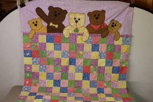 lot 399 image: Vintage Quilt Handmade Hand-Stitched Project Started Playful Teddy Bears Wall Art Lap Quilt Crib Blanket