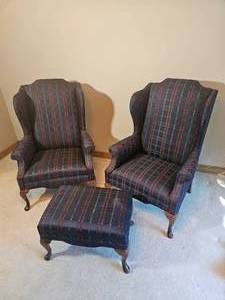 lot 115 image: Navy Plaid Set of Wingback Chairs
