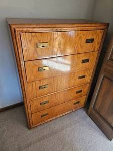 lot 6 image: Robust Five Drawer Dresser with Brass Campaign Drawer Pulles