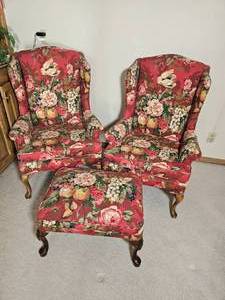 lot 83 image: Retro Upholstery Cabage Rose Wingback Chairs