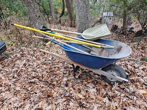 lot 429 image: Yard Chore Tools  Wheel Barrow  Shovels  Hoes