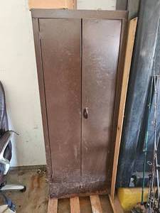 lot 437 image: Old Brown Metal Garage Cabinet