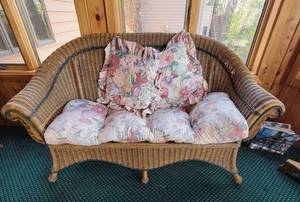 lot 92 image: Natural Wicker Loveseat with Ivy Stencil and Green Accent, A