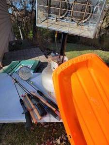 lot 222 image: Ice Fishing Starter Kit  Sleds  Propane Heater  Ice Skimmer  Rod Assortment