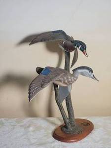 lot 20 image: Ducks Unlimited Handpainted Carved Mount - Wood Ducks in Flight