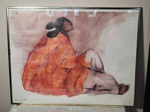 lot 41 image: SIGNED Fine Art Indigenous Offset Lithograph - R.C. Gorman - Woman with Orange Striped Blanket
