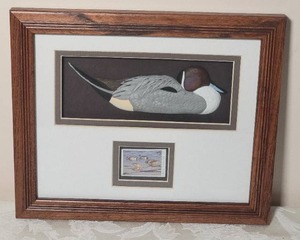 lot 180 image: Ducks Unlimited 1993 Commemorative Stamp and Framed Wood Carving - Wood Duck