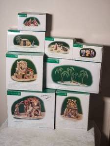 lot 128 image: Department 56 Christmas Village - Little Town of Bethlehem - Town Gate  The Good Shepherd & His Animals  Heralding Angels  Town Well & Palm Trees  Nativity  Innkeepers Caravansary  Gatekeepers Dwelling  Wise Men from the East