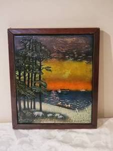 lot 177 image: Delightful Fine Art Original Landscape on Tile - Spencer Bisby - Sunset over Lake Superior