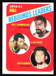 lot 36 image: 1971 Topps Rebounds Leaders Wilt Chamberlain, Elvin Hayes & Lew Alcindor #142