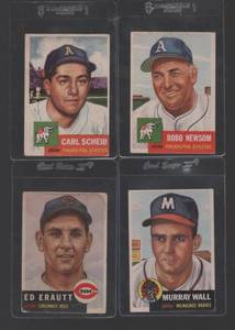 lot 31 image: (4) 1953 Topps Baseball Cards - Wall, Erautt, Scheib & Newsom