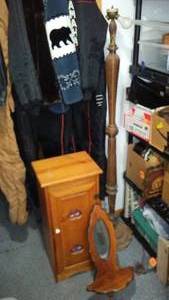 lot 708 image: Ironing Board Cabinet, Wood Lamp And More.