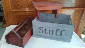 lot 709 image: Wood Dcor.  Box, Stool, Toolbox.