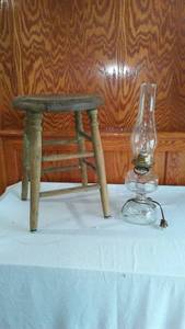 lot 729 image: Vintage Wooden Stool and Electrified Oil Lamp.