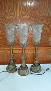 lot 740 image: Set of 3 Vintage Glass and Brass Colored Table Lamps