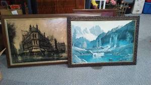 lot 750 image: Collection of 3 Framed Artworks Waterfall Scene by Whitman, Parisian Promenade, and Floral Landscape
