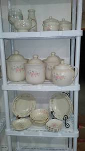 lot 757 image: Pfaltzgraff  Tea Rose Design Canister Set and Serving Pieces.