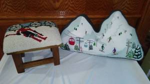 lot 761 image: Vintage Ski-Inspired Stool and Decorative Mountain Cushion