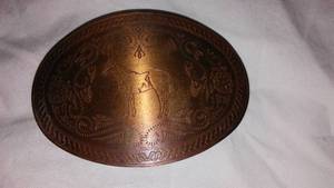 lot 340 image: Vintage Denver Stock Show 1981 Copper Belt Buckle with Horse Design