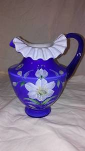 lot 344 image: Fenton Art Glass 1999 Hand painted Cobalt Overlay Pitcher with Floral Design