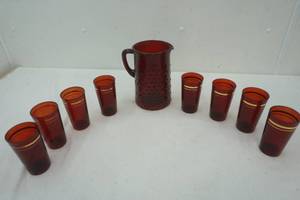 lot 534 image: Vintage red ruby hobnail pitcher and 8 red ruby glasses