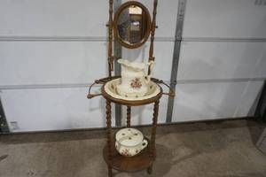 lot 625 image: antique washstand and chamber pot with wash basin and Picher