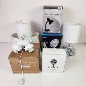 lot 13 image: Lot Of Lighting Items And Fans Two Desk Lamps Clip On Fan Stroller Fan Lamp Shade