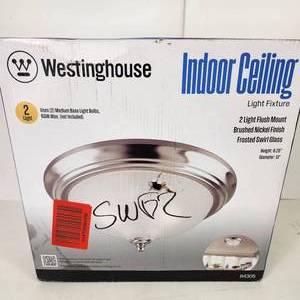lot 22 image: Westinghouse Indoor Ceiling Light Fixture 2 Light Flush Mount Brushed Nickel Open Box