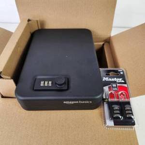 lot 26 image: Amazons Basics Lock Box Only Opened For Picture And Master Lock Combination Small Locks Opened Package