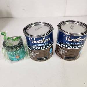 lot 38 image: Two Quart Cans Of Water Based Wood Stain Espresso And Small Can Minwax Clear Satin