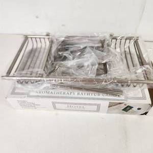 lot 45 image: Aromatherapy Bathtub Caddy Reading Rack Candle Holder Wine Glass Holder Open Box