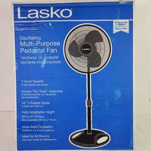 lot 62 image: Lasko Oscillating Multi Purpose Pedestal Fan 3 Quiet Speeds 16 Adjustable Black Slight Damage To Box