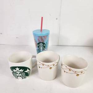 lot 73 image: Lot Of Three Christmas Starbucks Coffee Mugs And Starbucks Easter Tumbler