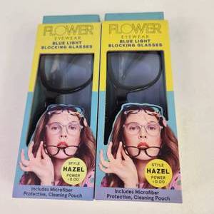 lot 96 image: Lot Of Two New Flower Eyewear Blue Light blocking Glasses With Microfiber Protective Cleaning Pouch Black