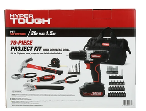 lot 132 image: Hyper Tough 20V Max Lithium-Ion 38 inch Cordless Drill, 70-Piece Home Tool Set, 1.5Ah Lithium-Ion Battery & Charger & Bit Holder
