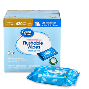 lot 159 image: LOT OF 4 Great Value Fresh Scent Flushable Wipes, 10 Resealable Packs, 420 Total Wipes