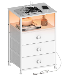 lot 369 image: Tohomeor Nightstand with LED Light, Charging Station, and 3 Fabric Drawers, White