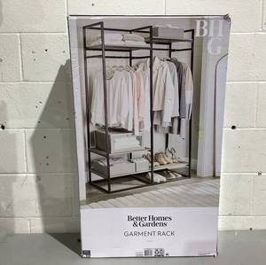 lot 537 image: Better Homes & Gardens Jace Freestanding Metal 2-Rod Garment Rack with 4 Wooden Shelves