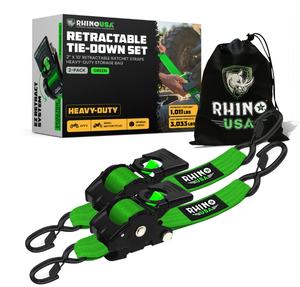 lot 308 image: Rhino USA 2 x 10 Retractable Ratchet Autoretract Tie Down Straps , Green (2-Pack, 7 lb)
