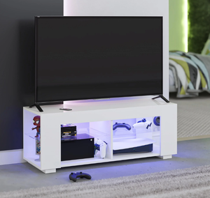 lot 548 image: NTense LED TV Stand with Glass Shelves for TVs up to 55, White Gloss