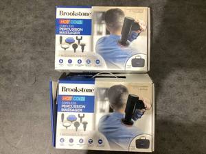 lot 687 image: LOT OF 2 Brookstone Cordless Hot and Cold Percussion Deep Tissue Massager Gun